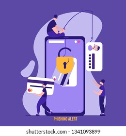 Concept of hacker attack, fraud investigation, internet phishing attack, evil win, personal privacy data, hacking and stealing email and money with tiny people. Vector illustration in flat design
