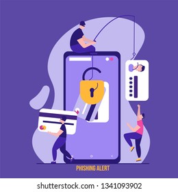 Concept of hacker attack, fraud investigation, internet phishing attack, evil win, personal privacy data, hacking and stealing email and money with tiny people. Vector illustration in flat design