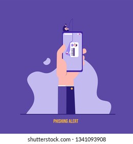 Concept of hacker attack, fraud investigation, internet phishing attack, evil win, personal privacy data, hacking and stealing email and money with tiny people. Vector illustration in flat design