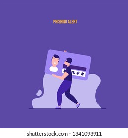 Concept of hacker attack, fraud investigation, internet phishing attack, evil win, personal privacy data, hacking and stealing email and money with tiny people. Vector illustration in flat design
