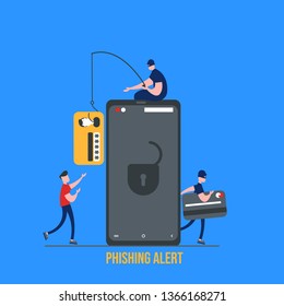 Concept of hacker attack, fraud investigation, internet phishing attack, evil win, personal privacy data, hacking and stealing email and money with tiny people. Vector illustration in flat design
