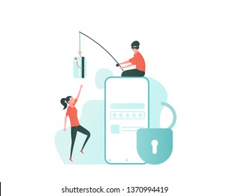 Concept of hacker attack, fraud investigation, internet phishing attack, evil win, personal privacy data, hacking and stealing email and money with tiny people. Vector illustration in flat design
