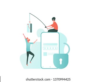Concept of hacker attack, fraud investigation, internet phishing attack, evil win, personal privacy data, hacking and stealing email and money with tiny people. Vector illustration in flat design
