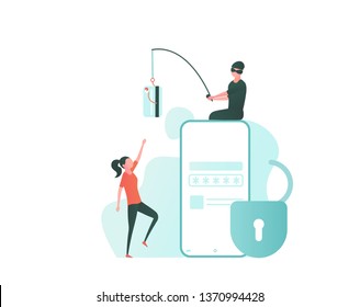 Concept of hacker attack, fraud investigation, internet phishing attack, evil win, personal privacy data, hacking and stealing email and money with tiny people. Vector illustration in flat design
