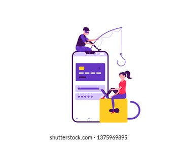 Concept of hacker attack, fraud investigation, internet phishing attack, evil win, personal privacy data, hacking and stealing email and money with tiny people. Vector illustration in flat design