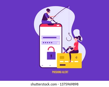 Concept of hacker attack, fraud investigation, internet phishing attack, evil win, personal privacy data, hacking and stealing email and money with tiny people. Vector illustration in flat design