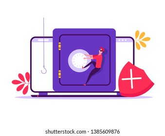 Concept of hacker attack, fraud investigation, internet phishing attack, evil win, personal privacy data, hacking and stealing email and money with tiny people. Vector illustration in flat design