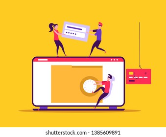 Concept of hacker attack, fraud investigation, internet phishing attack, evil win, personal privacy data, hacking and stealing email and money with tiny people. Vector illustration in flat design