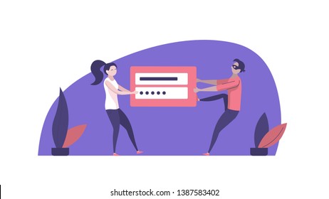 Concept of hacker attack, fraud investigation, internet phishing attack, evil win, personal privacy data, hacking and stealing email and money with tiny people. Vector illustration in flat design