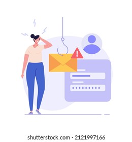 Concept of hacker attack, fraud investigation, internet phishing attack. Fraud prevention. Internet user open scam email. Stealing privacy account and password. Vector illustration in flat design