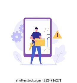 Concept of hacker attack, fraud investigation, internet phishing attack. Hacker hacking phone. Internet theft stealing privacy information, account and password. Vector illustration in flat design