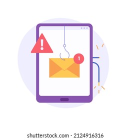 Concept of hacker attack, fraud investigation, internet phishing attack. Hacker hacking phone. Internet theft stealing privacy information, account and password. Vector illustration in flat design