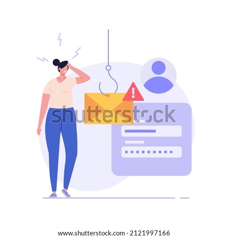 Concept of hacker attack, fraud investigation, internet phishing attack. Fraud prevention. Internet user open scam email. Stealing privacy account and password. Vector illustration in flat design