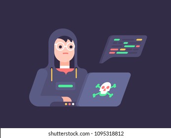 Concept of hacker attacks and data theft. The hacker in the hood sits at the computer and hacks the websites with the danger sign on the laptop on purple background. Vector illustration
