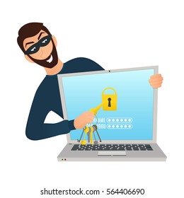 Concept of hacker criminal activity. Cartoon man breaking laptop account. Vector character isolated on white background