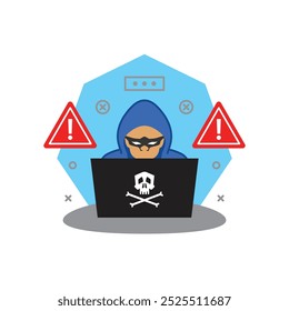 Concept for hacker in hood with laptop trying to carry out cyber attacks and theft of personal data. Flat illustration design. Modern graphic elements for user interface pages, infographics, icons.