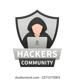 The concept of a hacker in the shape of a shield with laptop computer stealing user's confidential data, personal information. Hacking and web security. Internet phishing concept. Vector illustration