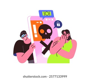 Concept of hacking, cyber crime in the Internet. Phishing of personal data by adware, malware. Hacker scams, steals passwords by virus. Online security. Flat isolated vector illustration on white