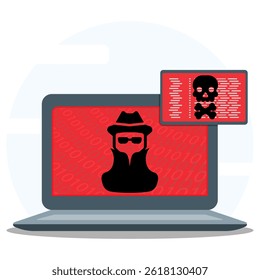Concept hacking laptop. Silhouette hacker and skeleton on screen. Spyware, internet technology alert, stop sign and cyber attack. 