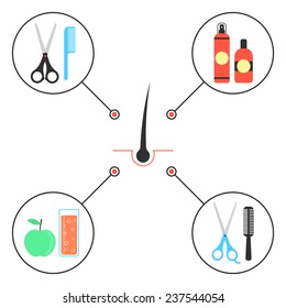 concept of hair care with follicle in the middle. conceptual of health care, cosmetic products and hairdressers services. isolated on white background. flat style modern design vector illustration