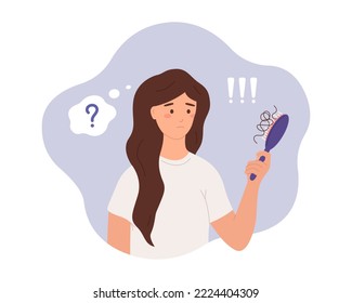 The concept of hair loss, alopecia at young age, baldness. Sad woman with comb in her hand. Vector flat illustration.