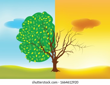 Concept of Half alive and half dead tree. Doubleness of Dead tree and living tree. Vector illustration of the tree. Save the environment.