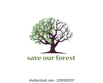 Concept Half alive   half dead tree  Doubleness Dead tree   living tree  Vector illustration the tree  Save the environment 