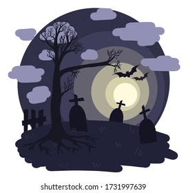 The concept of Halloween 2020. scary picture with cemetery, graves and flying bats. graveyard and dead tree at moon night