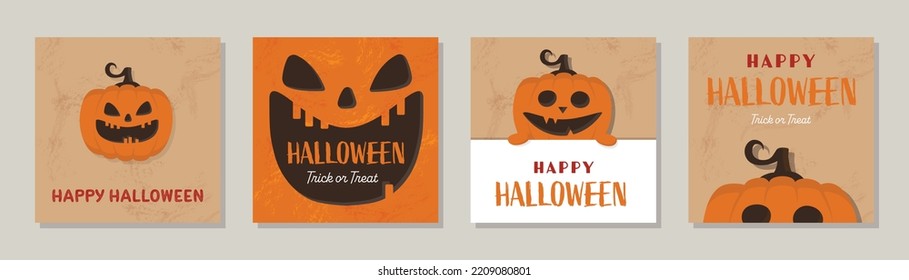 Concept of Halloween card with creepy pumpkin. Collection of posters. Vector illustration