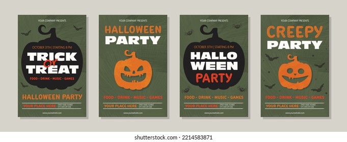 Concept of Halloween Party card with creepy pumpkin. Collection of posters. Vector illustration