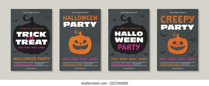 Concept of Halloween Party card with creepy pumpkin. Collection of posters. Vector illustration