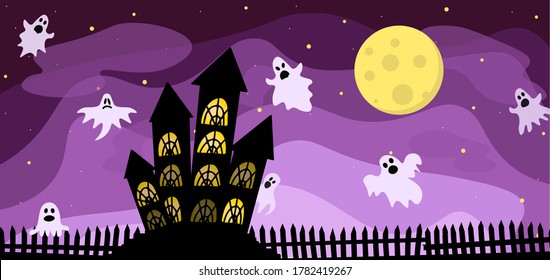 concept for halloween. scary ghosts fly around the castle. night starry sky and full moon - elements for halloween.