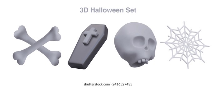 Concept of Halloween set. Realistic crossed bones, coffin with cross, human skull, and web in cartoon style. Death concept. Vector illustration in 3d style with white background