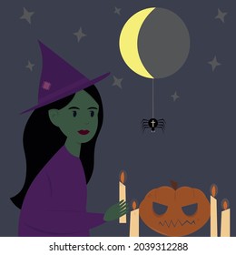 The concept of Halloween. A witch performs a witchcraft rite with candles and a pumpkin lantern. Flat vector illustration