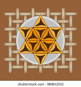 Concept of Hamantaschen cookies in form/shape of David star for Jewish Purim holiday. Jewish festive food Amman Oznei/Aman ears.  Poppy seed pear pie of Purim celebration. Vector Illustration.