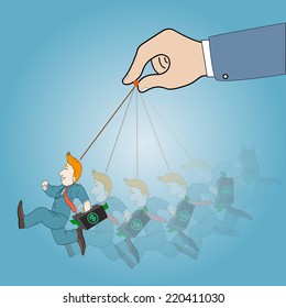Concept ,Hand with dangling businessman with briefcase,vector illustration