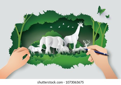 Concept of hand drawing with World Wildlife Day and environment with the animal in forest , Paper art and digital craft style.