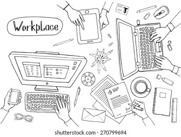 Concept of hand drawn business meeting and brainstorming. Items and elements, office things, objects and equipment for workplace design. Vector illustration set of business elements top view. 