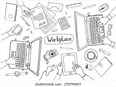 Concept Of Hand Drawn Business Meeting And Brainstorming. Items And Elements, Office Things, Objects And Equipment For Workplace Design. Vector Illustration Set Of Business Elements Top View. 