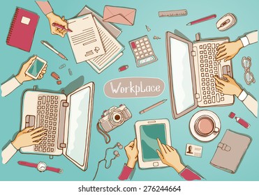 Concept Of Hand Drawn Business Meeting And Brainstorming. Items And Elements, Office Things, Objects And Equipment For Workplace Design. Vector Illustration Set Of Business Elements Top View.