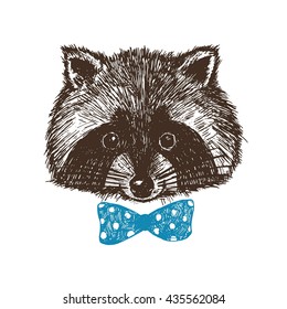 Concept hand drawn cute raccoon in bow-tie. Vector illustration. Design template for greeting cards etc.