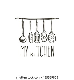 Concept hand drawn logo illustration for themed kitchen with utensils. Vector template