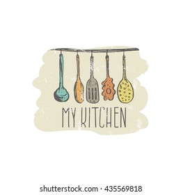 Concept hand drawn logo illustration for themed kitchen with utensils. Vector template