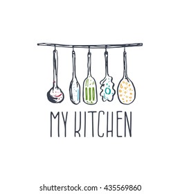 Concept hand drawn logo illustration for themed kitchen with utensils. Vector template