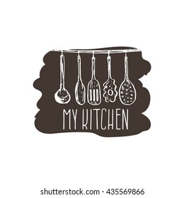Concept hand drawn logo illustration for themed kitchen with utensils. Vector template