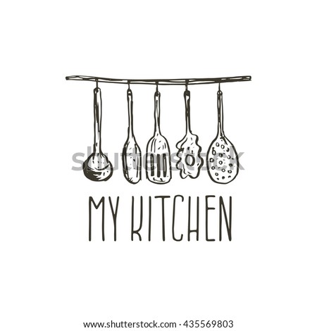 Concept hand drawn logo illustration for themed kitchen with utensils. Vector template