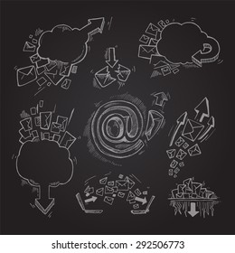 Concept hand drawn pictures set with e-mail letters and arrows isolate on dark background
