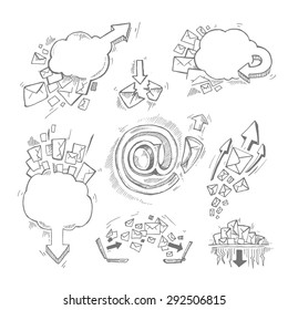Concept hand drawn pictures set with e-mail letters and arrows