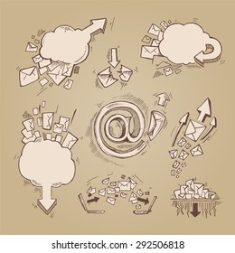 Concept hand drawn pictures set with e-mail letters and arrows