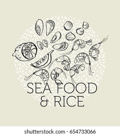 concept hand drawn sea food elements in black and white colors. rice background with prawns, lemon, mussels